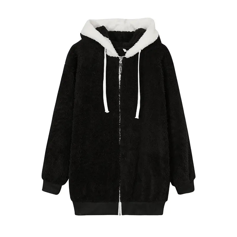 Loose Plush Zipper Hooded Jacket for Women in Autumn and Winter