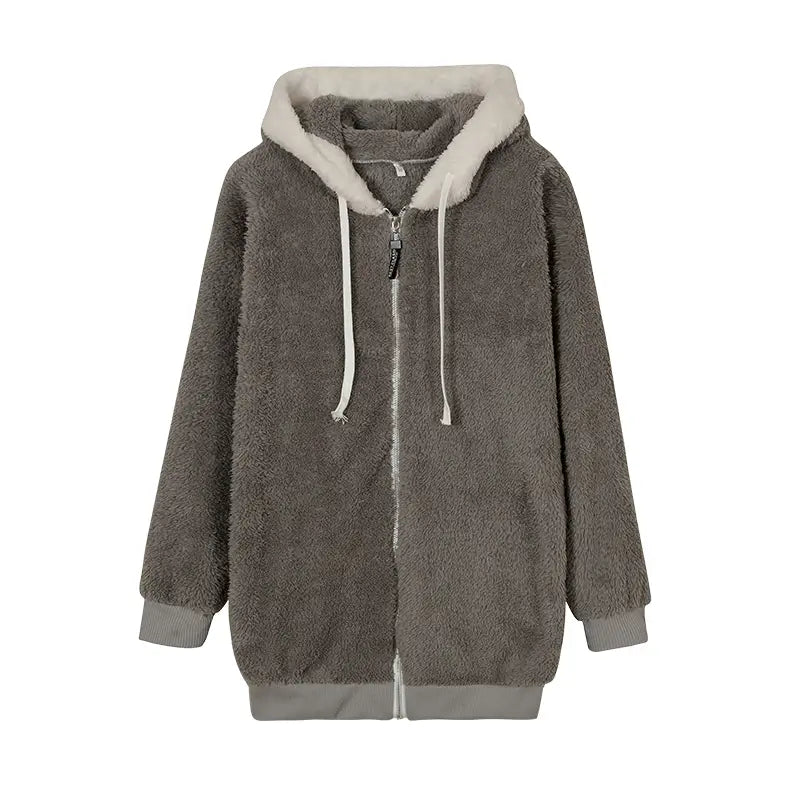 Loose Plush Zipper Hooded Jacket for Women in Autumn and Winter