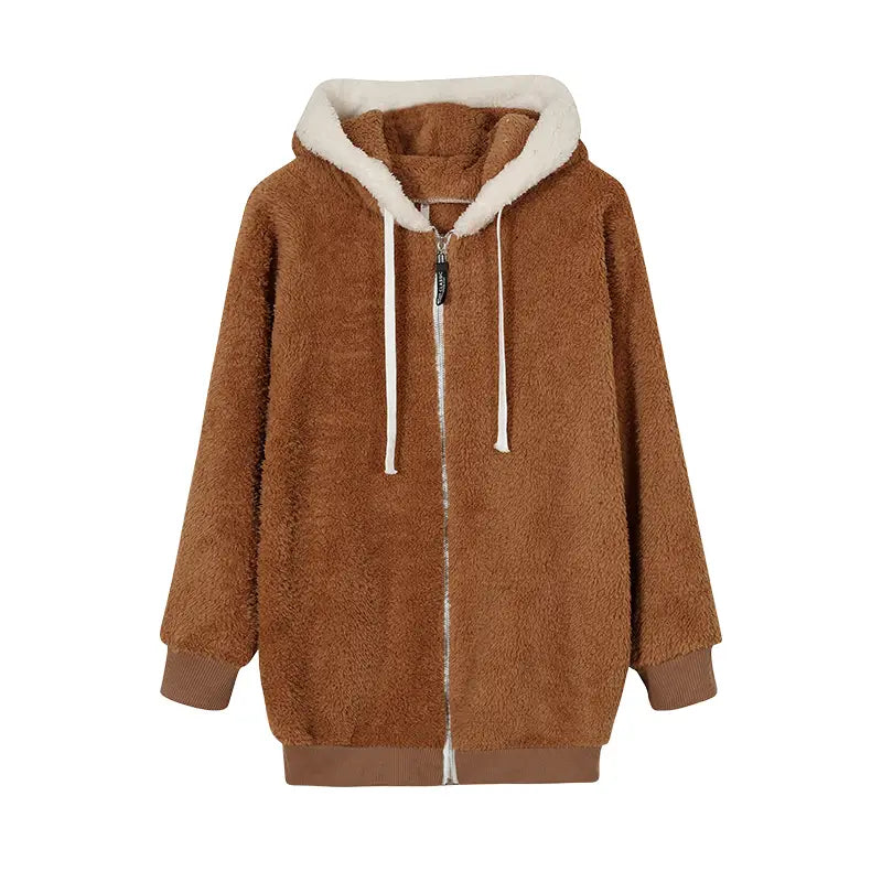 Loose Plush Zipper Hooded Jacket for Women in Autumn and Winter