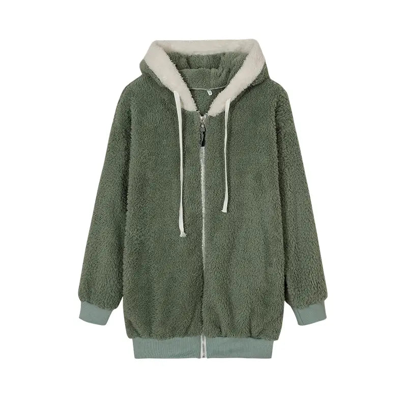 Loose Plush Zipper Hooded Jacket for Women in Autumn and Winter