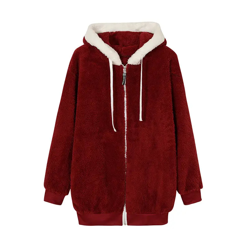 Loose Plush Zipper Hooded Jacket for Women in Autumn and Winter