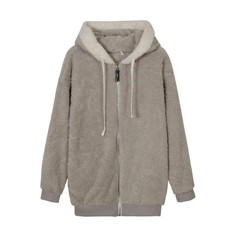 Loose Plush Zipper Hooded Jacket for Women in Autumn and Winter