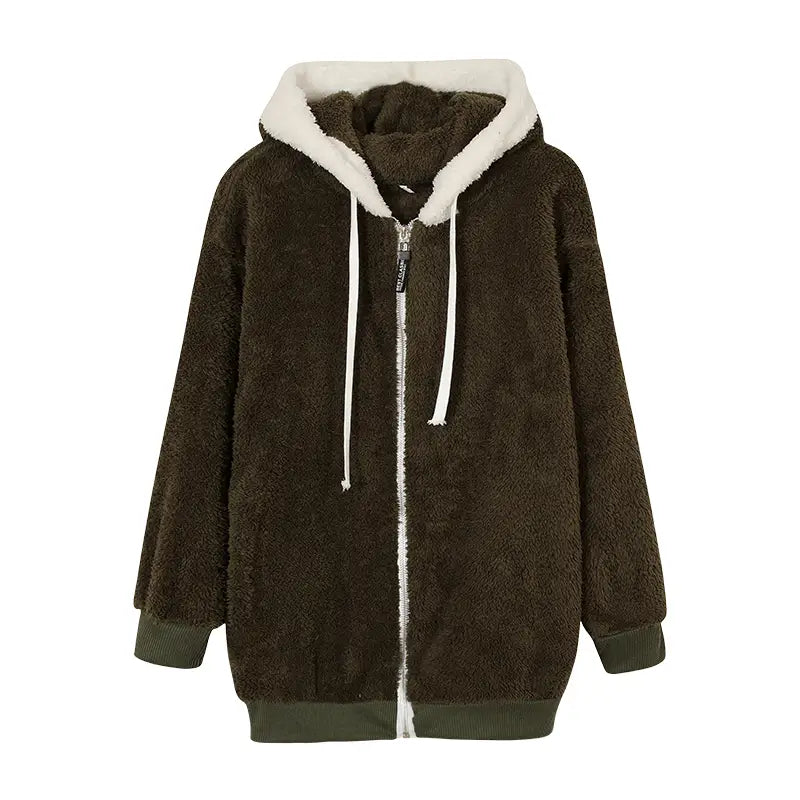 Loose Plush Zipper Hooded Jacket for Women in Autumn and Winter