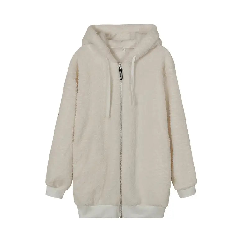 Loose Plush Zipper Hooded Jacket for Women in Autumn and Winter