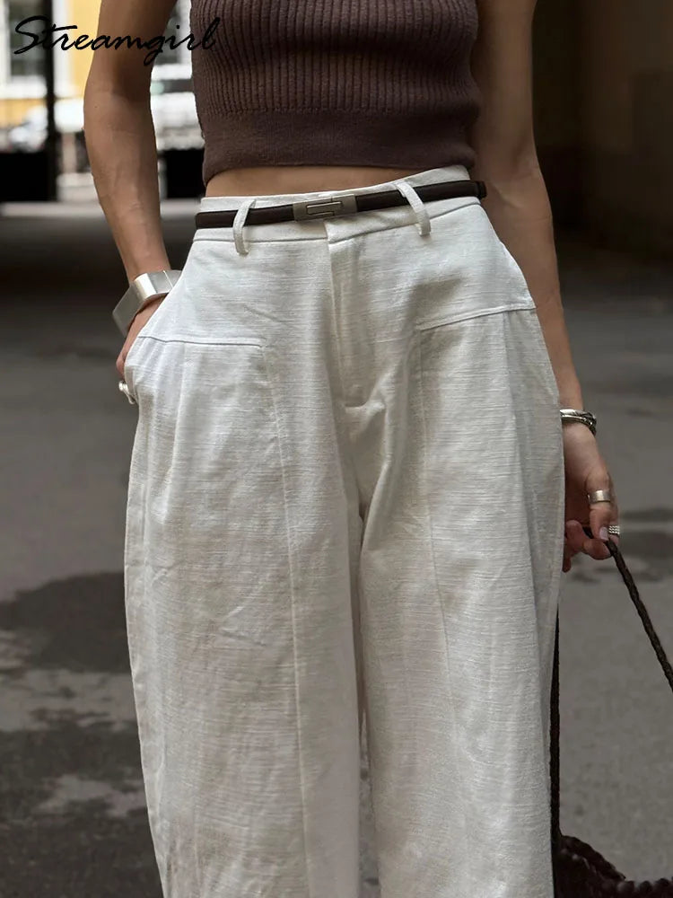 Cotton Linen Wide Leg Suit Pants High Waist Formal Trousers