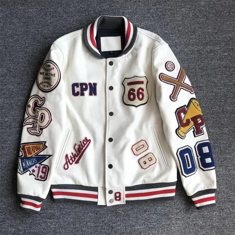 Men’s Winter Baseball Jacket in Retro Trend Leather with Embroidery