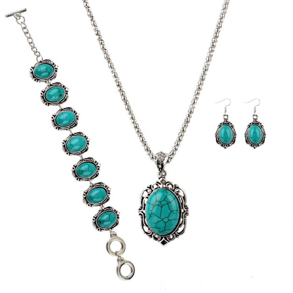 4pcs Vintage Faux Turquoise Jewelry Set Necklace Earrings Bracelet