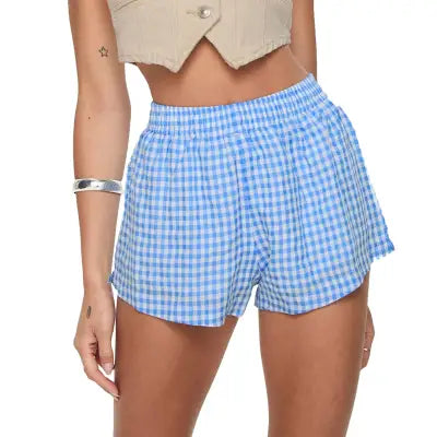 Women’s Plaid Elastic Waist Shorts for Casual Summer Streetwear - Blue / United States / M