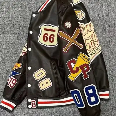 Men’s Winter Baseball Jacket in Retro Trend Leather with Embroidery - black / United States / XXL