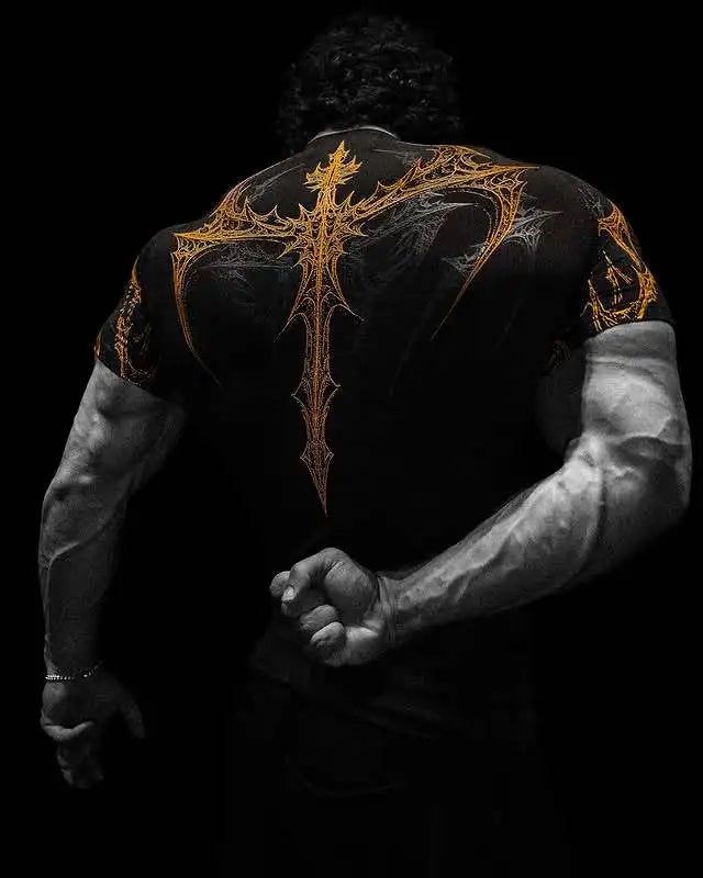 Gothic Print Muscle Tee Multi Size High Elasticity Quick Dry Gym Shirt
