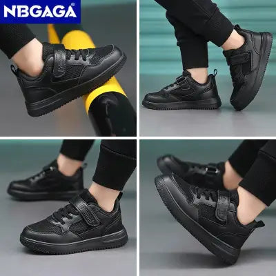 Boys Casual Black Leather Sneakers Lightweight Non-Slip Flat Shoes