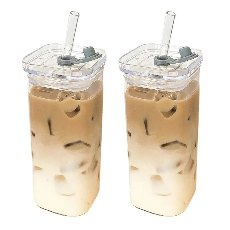 Square Glass Coffee Cup with Lid and Straw – Heat Resistant Drinkware