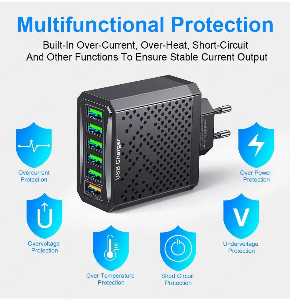 USLION 6-in-1 USB Charger QC3.0 with Fast Charge Protocols