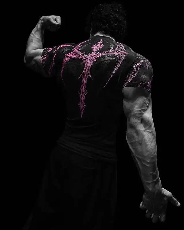 Gothic Print Muscle Tee Multi Size High Elasticity Quick Dry Gym Shirt
