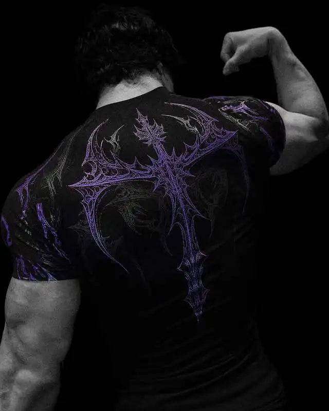 Gothic Print Muscle Tee Multi Size High Elasticity Quick Dry Gym Shirt