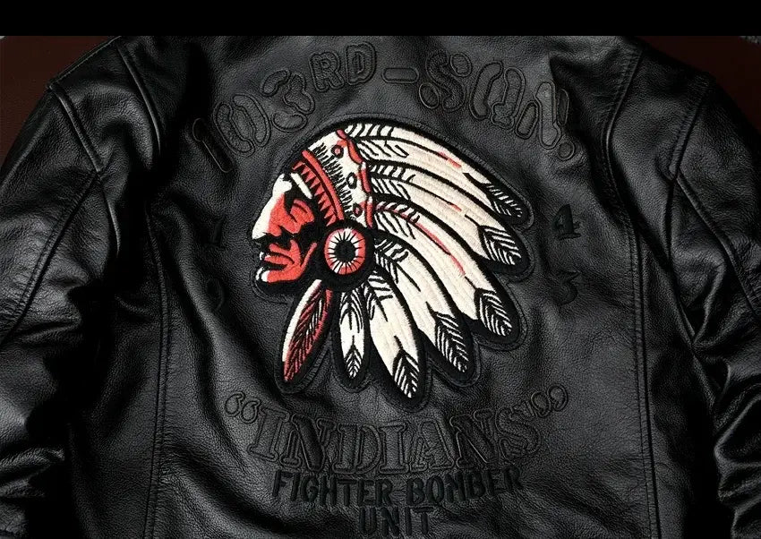 Men’s Cowhide Leather Motorcycle Jacket with Embroidery Flying Suit Design