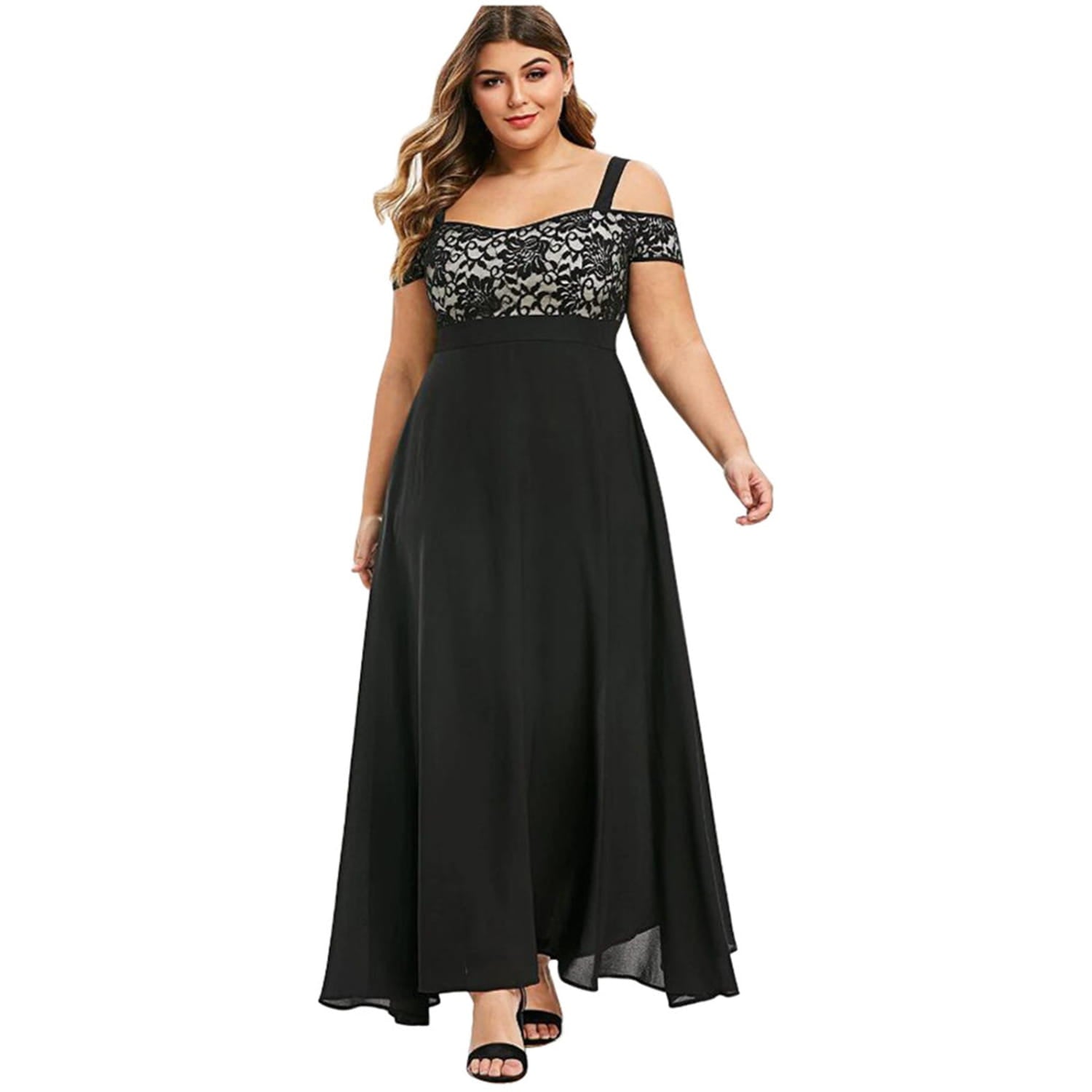 Cold Shoulder Dress – Plus Size Floral Lace Maxi Dress for Women