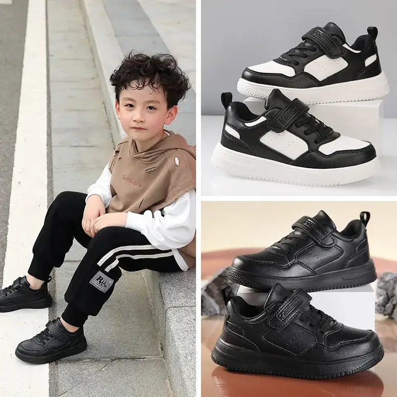 Boys Casual Black Leather Sneakers Lightweight Non-Slip Flat Shoes