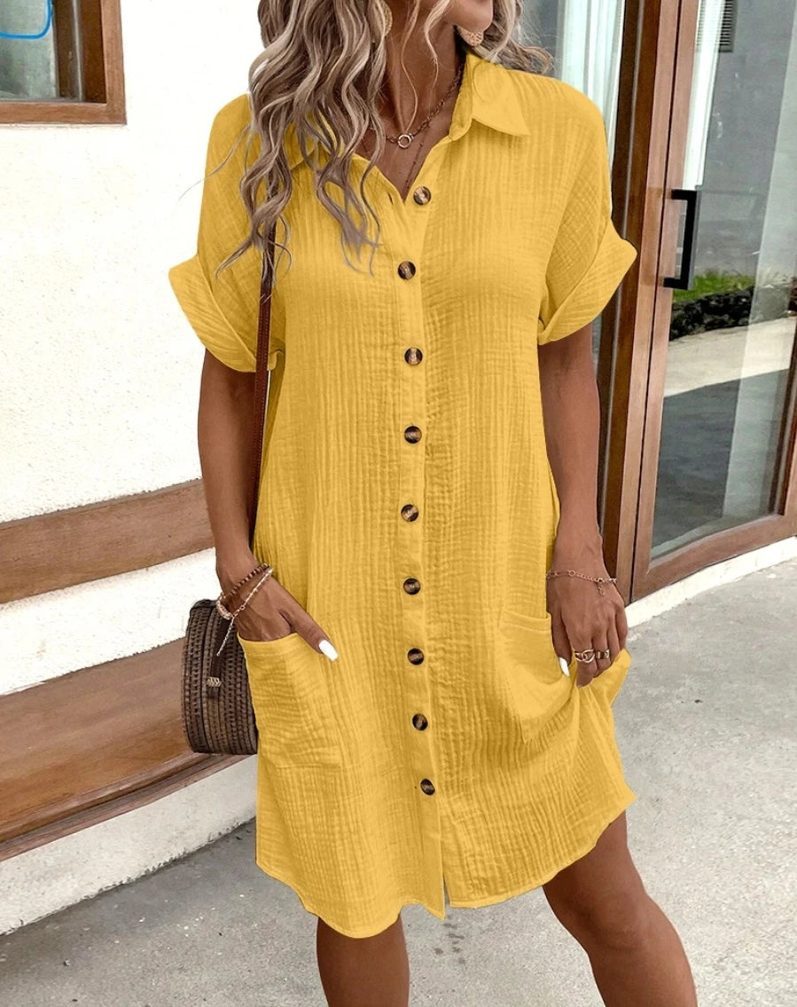 Vintage Cotton Linen V-neck Mini Dress Casual Summer Holiday Style