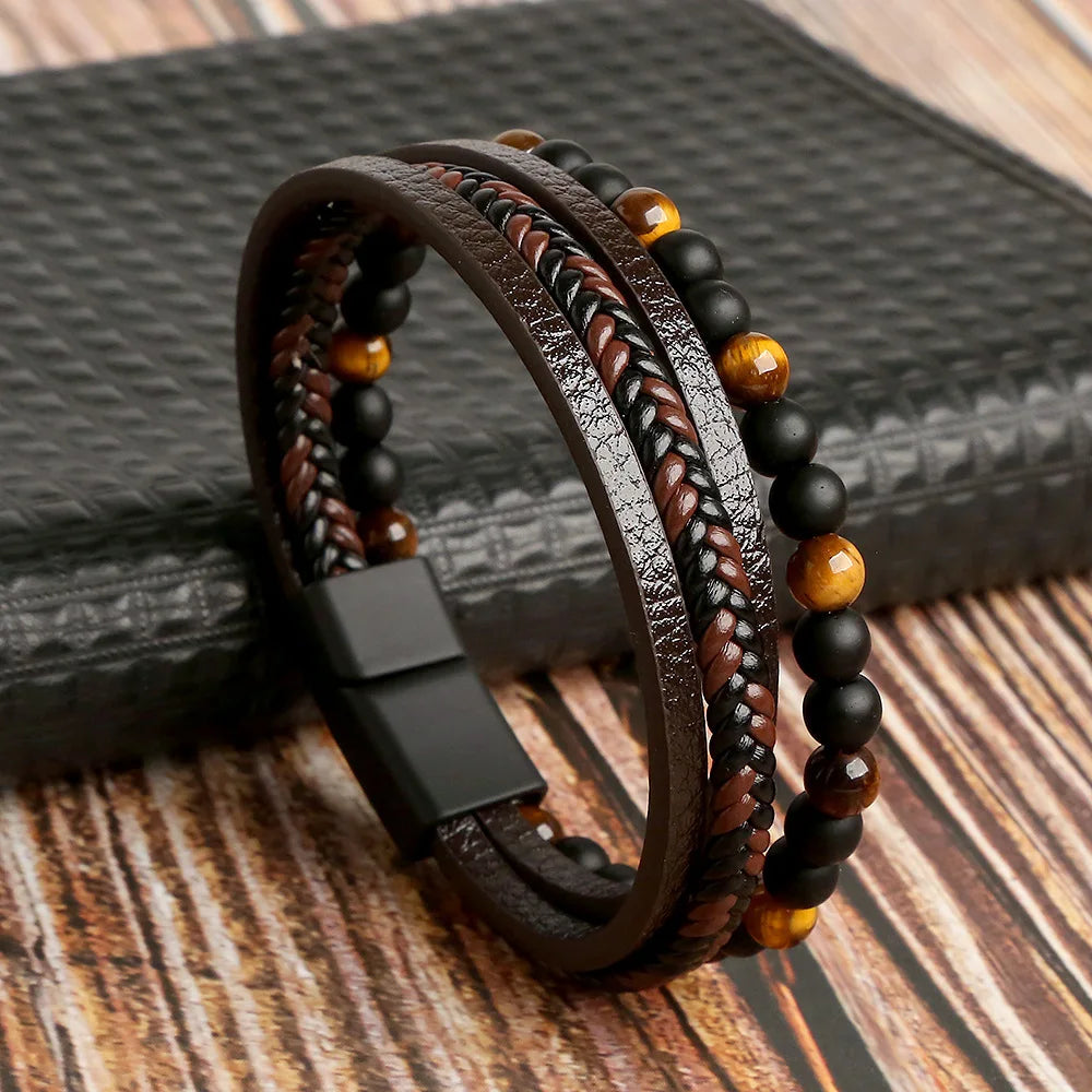 Multilayer Fashion Leather Bracelets for Men with Woven Alloy Accents