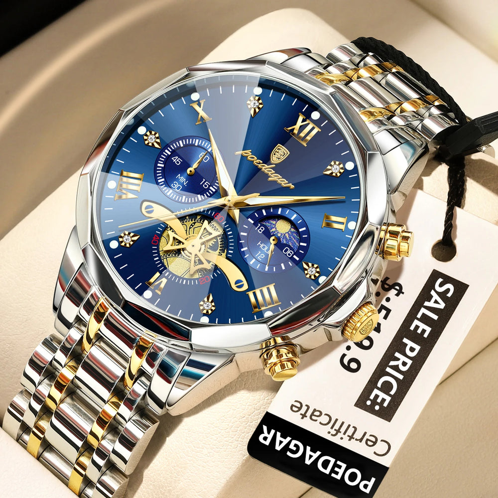 Waterproof Men Stainless Steel Quartz Chronograph Watch - 938 Gold Blue