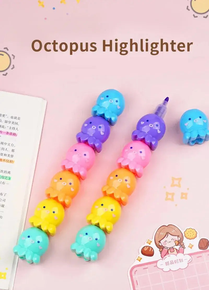 Cute Octopus Highlighter Set in 5 Watercolor Colors for School and Office