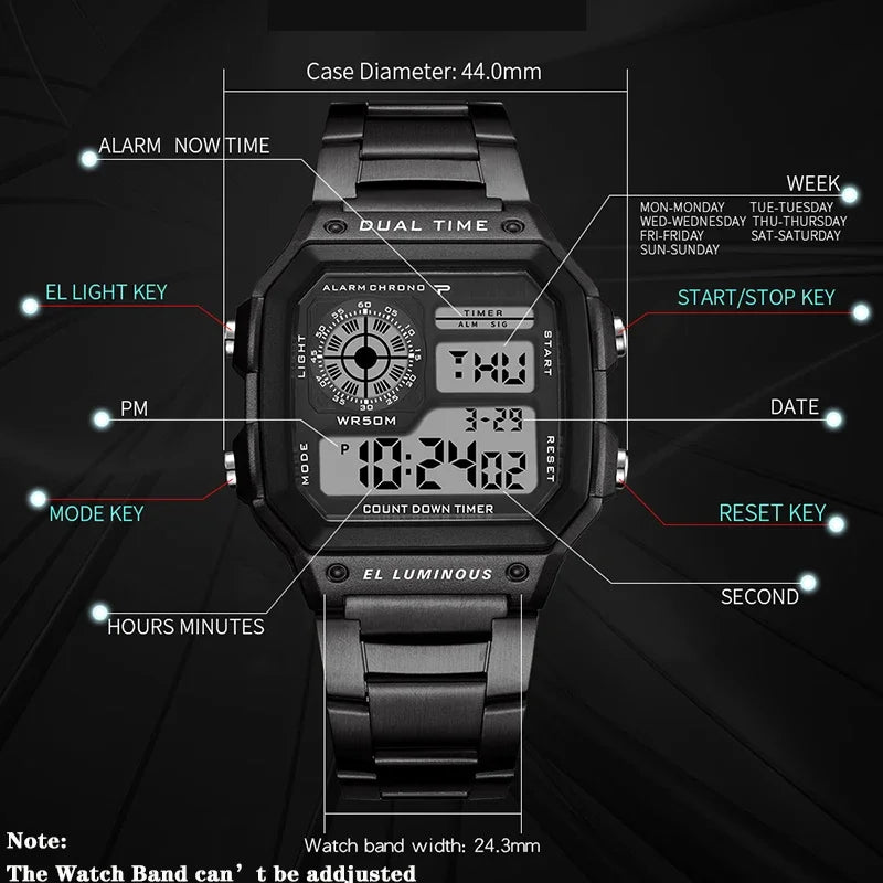 Luxury Stainless Steel Strap Sport Watches Men Military Digital Watches Waterproof Clock LED Men's Sport Wristwatch