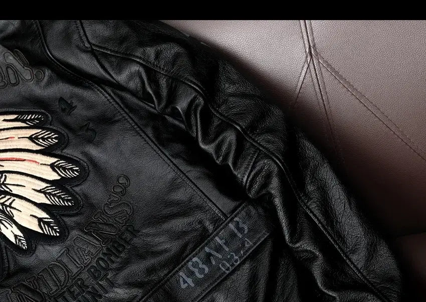 Men’s Cowhide Leather Motorcycle Jacket with Embroidery Flying Suit Design