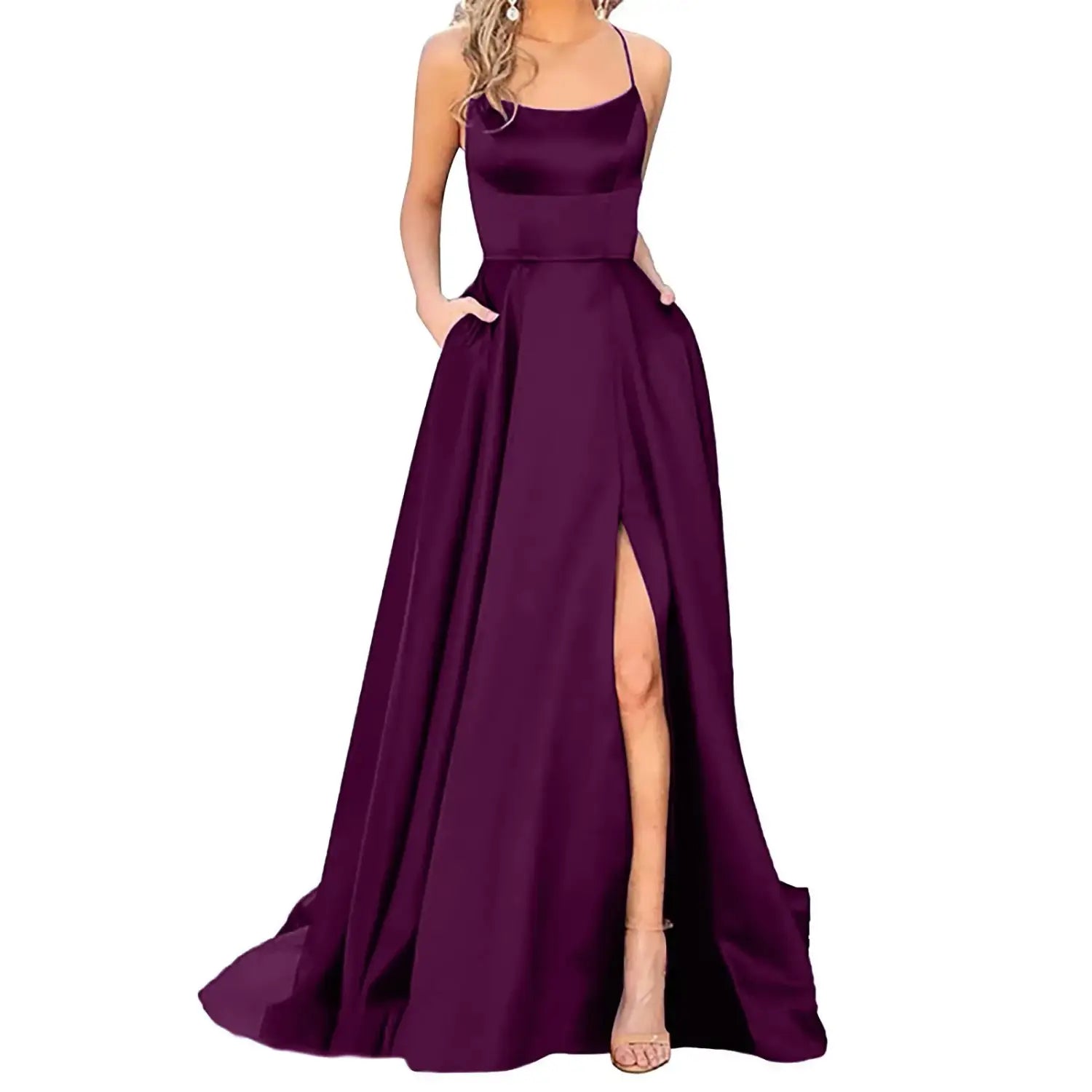 Sexy Nipped Waist Split Prom Dress: Elegant Evening Spaghetti Straps