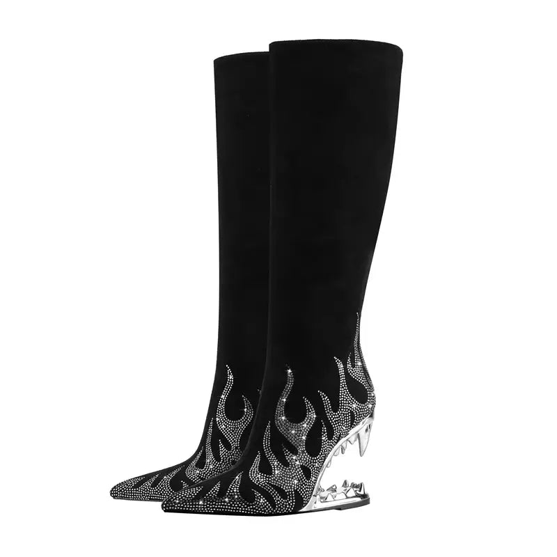 Tiger Tooth Boots: Stylish Stretch Boots with Rhinestone Flame Design