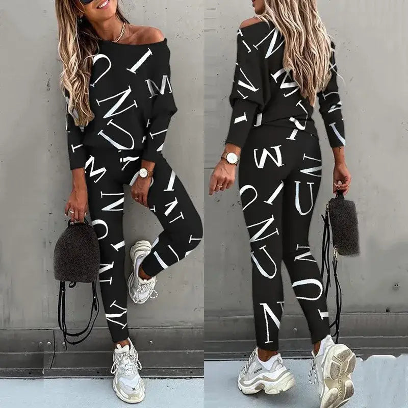 Women’s Letter Printed Casual Suit with Long Sleeved Pants