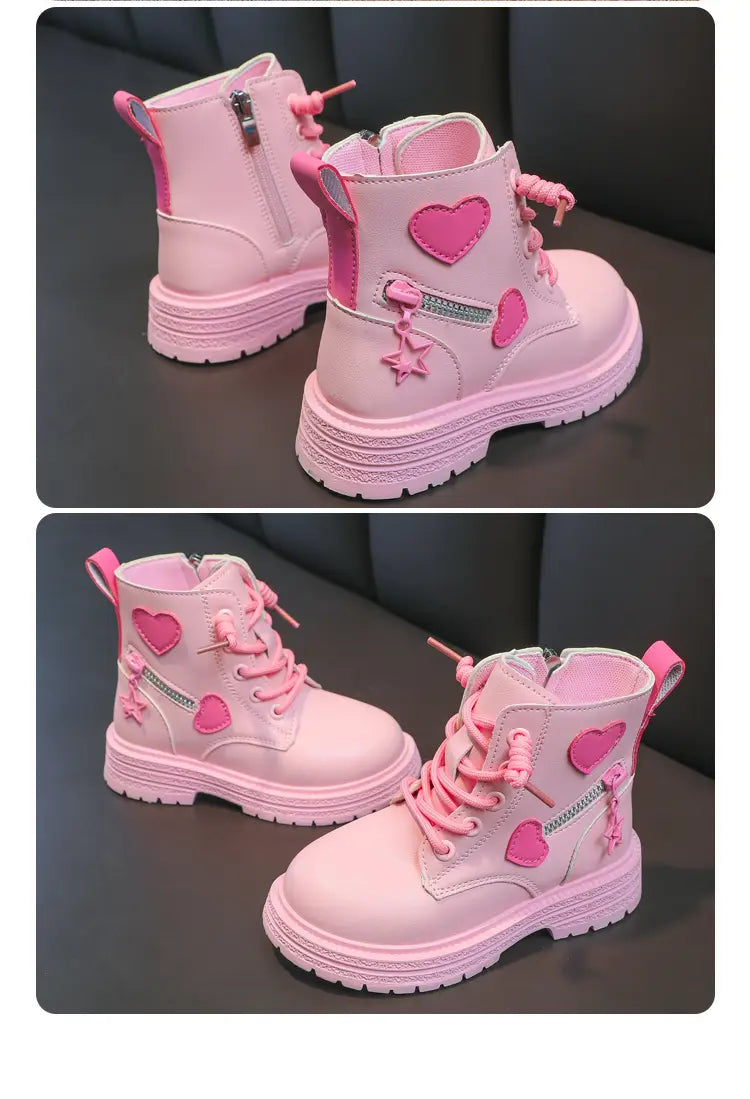 Girls Pink Rubber Boots with Winter Cotton Soft Sole and Side Zip