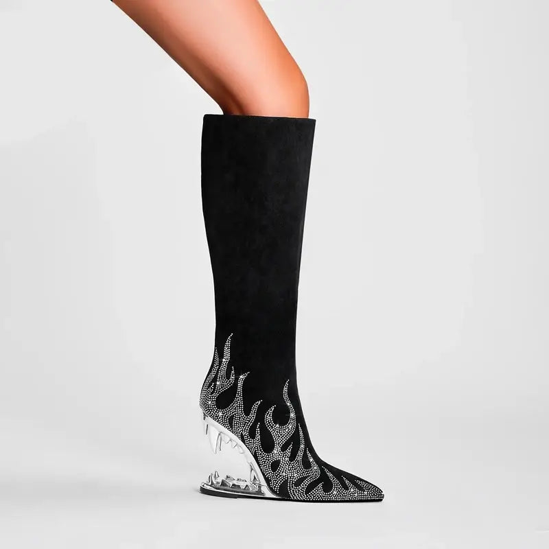 Tiger Tooth Boots: Stylish Stretch Boots with Rhinestone Flame Design