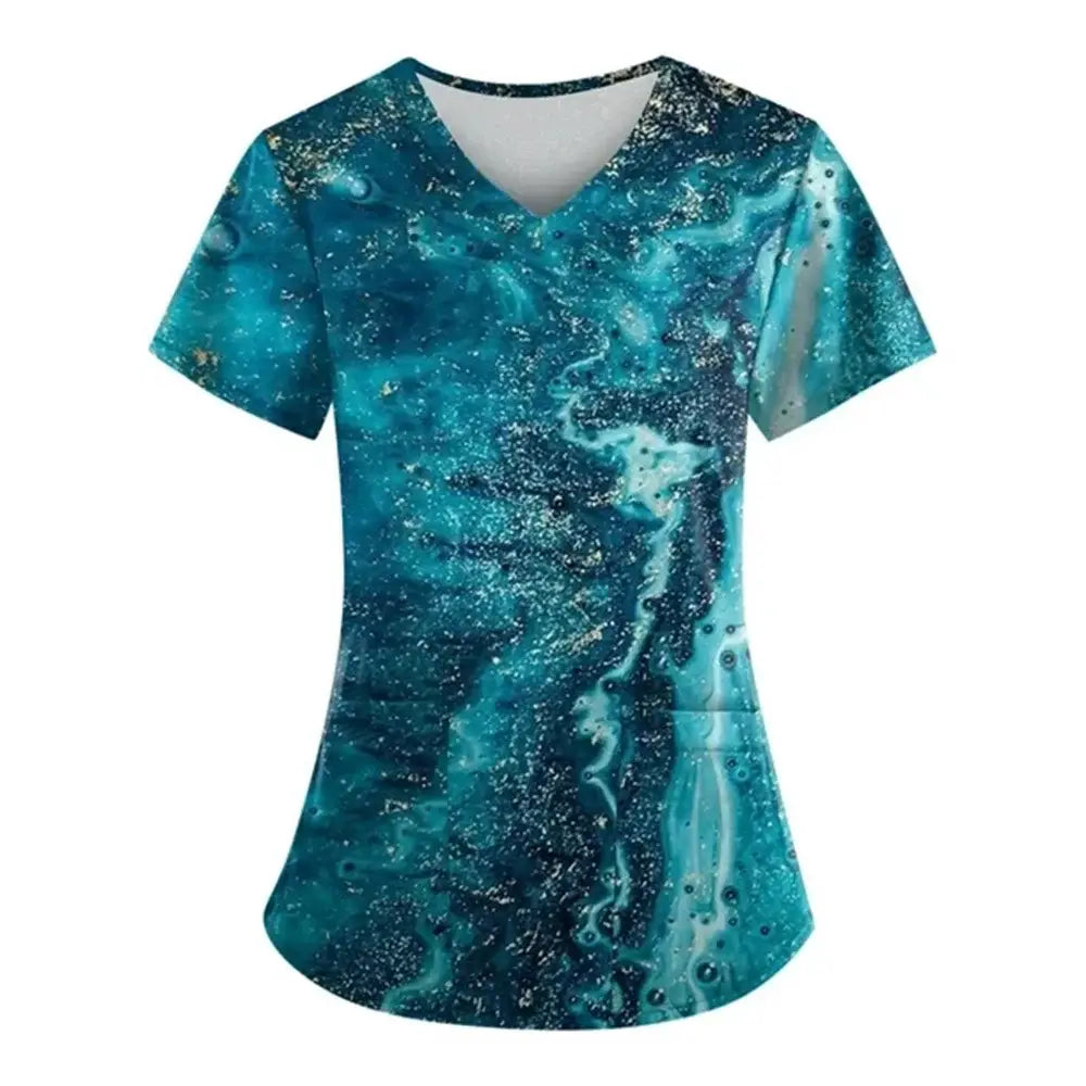 Marble Print Scrubs: Short-Sleeved Tops with Pockets