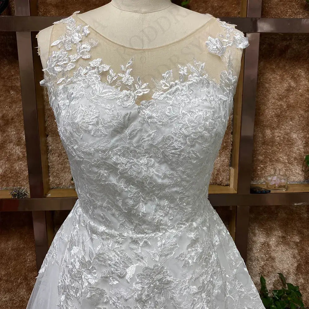 A-Line Wedding Dress – Elegant Boho Lace Bridal Gown with Illusion Back