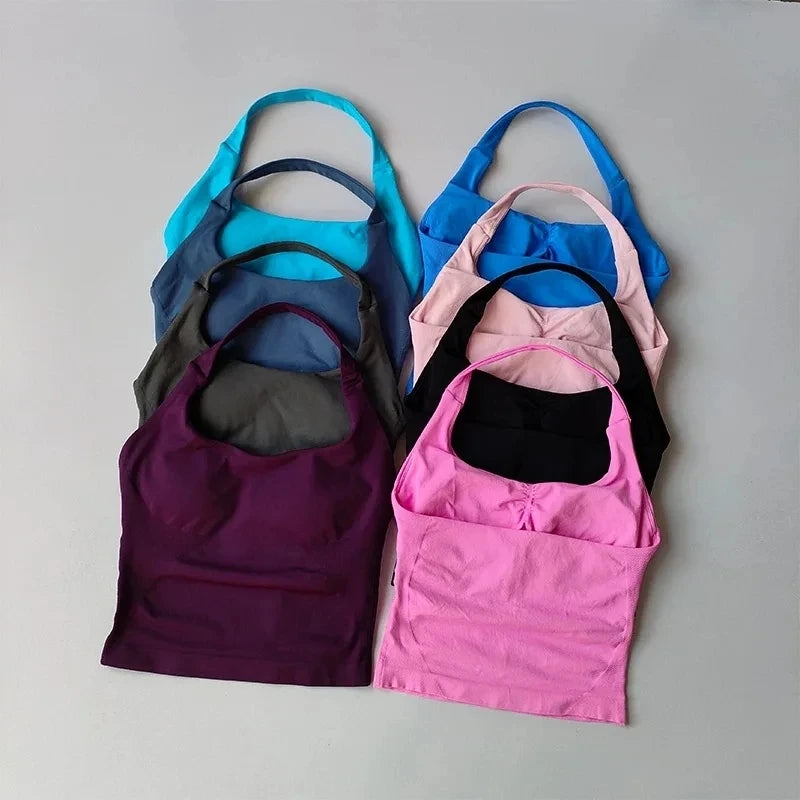 Seamless Halter Women Yoga Tank Top Padded Size Fitted Backless Gym Shirt