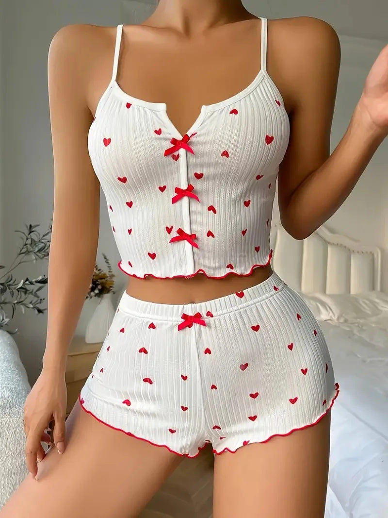 Heart Print Pajama Set Ribbed Short Length – Soft Frill Loungewear