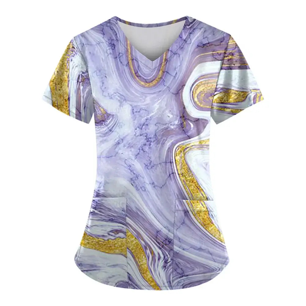 Marble Print Scrubs: Short-Sleeved Tops with Pockets