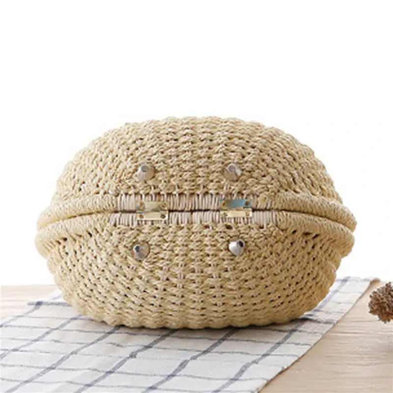 Holiday Shell Handbag Woven Beach Bag Cute Rattan Round Tote for Women