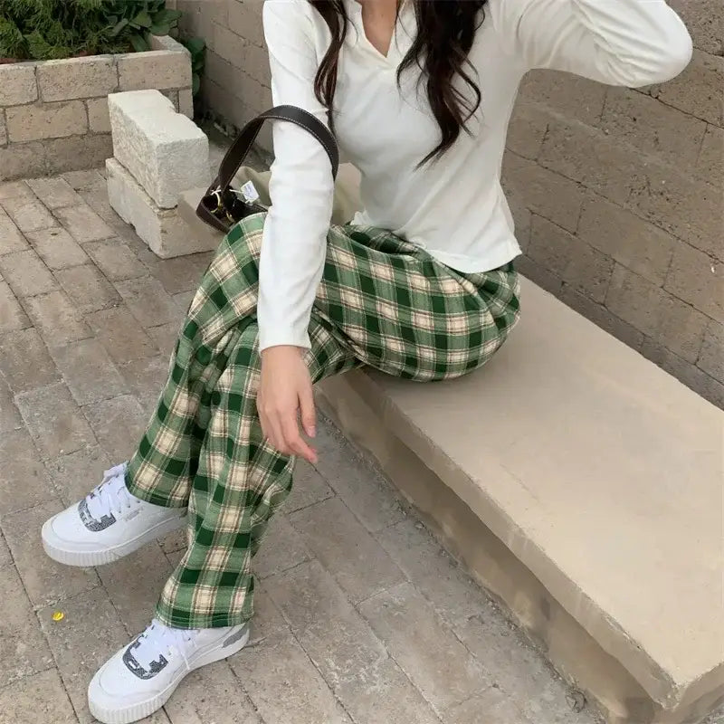 Warm Plush Cashmere Pants in Thick Plaid Wide-Legged Winter Style