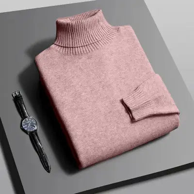 Autumn Men’s High-Quality Knitted Turtleneck Sweater in Solid Color - Pink / Asian M(40-55Kg)