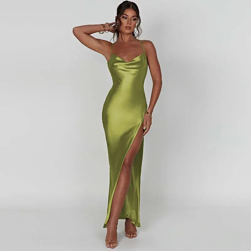 Dulzura Satin Maxi Dress: Lace-Up Back Side Slit Elegant Summer Style