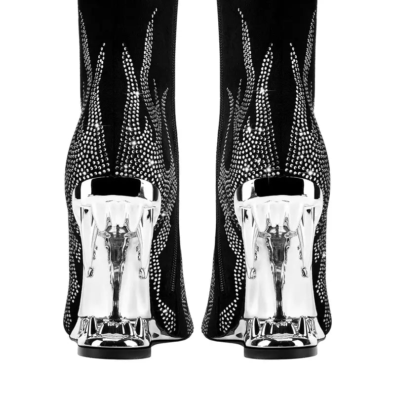 Tiger Tooth Boots: Stylish Stretch Boots with Rhinestone Flame Design