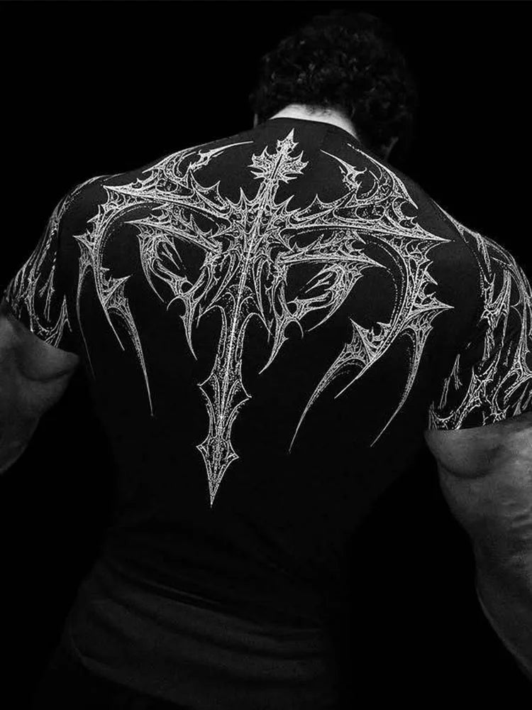 Gothic Print Muscle Tee Multi Size High Elasticity Quick Dry Gym Shirt