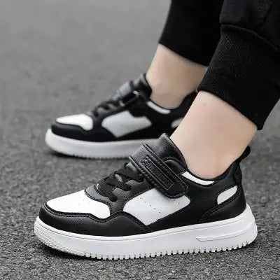 Boys Casual Black Leather Sneakers Lightweight Non-Slip Flat Shoes