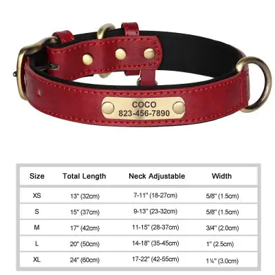 Personalized Dog Collar in Engraved PU Leather with ID Tag - Red / L