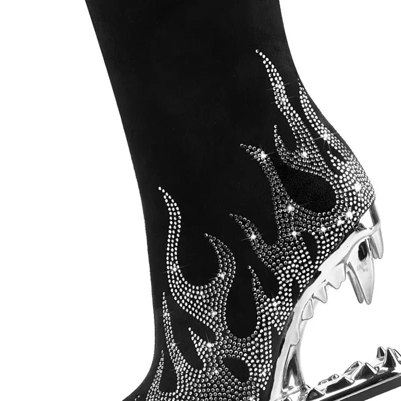 Tiger Tooth Boots: Stylish Stretch Boots with Rhinestone Flame Design