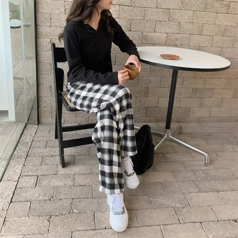 Warm Plush Cashmere Pants in Thick Plaid Wide-Legged Winter Style