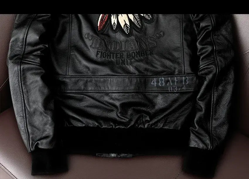 Men’s Cowhide Leather Motorcycle Jacket with Embroidery Flying Suit Design