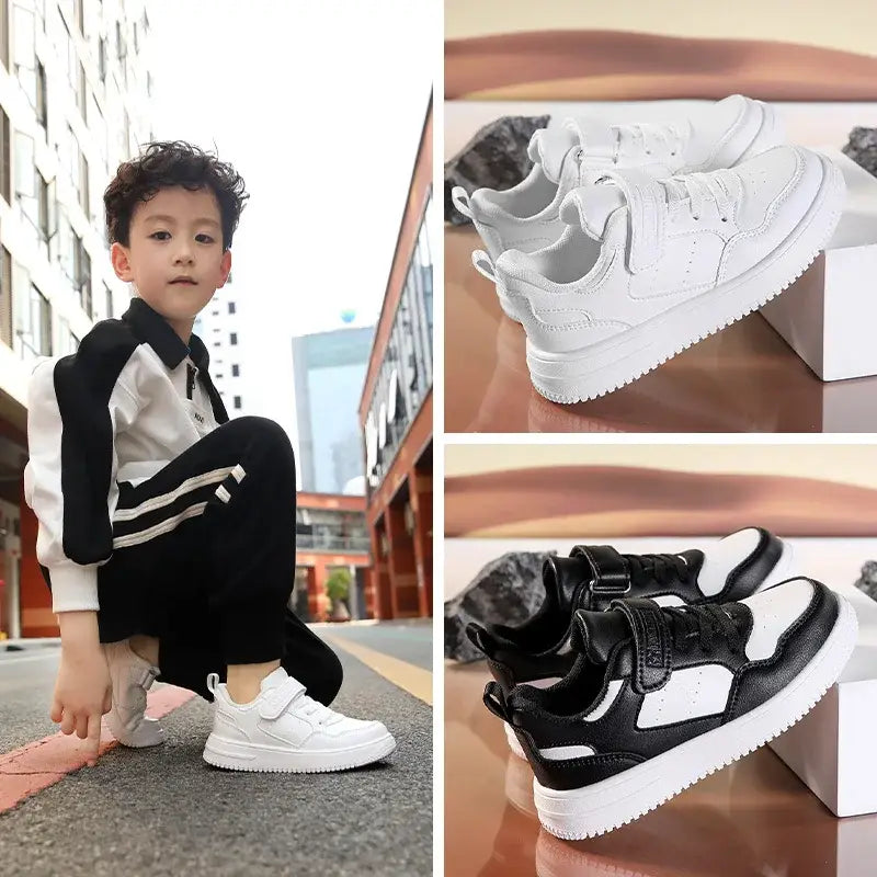 Boys Casual Black Leather Sneakers Lightweight Non-Slip Flat Shoes